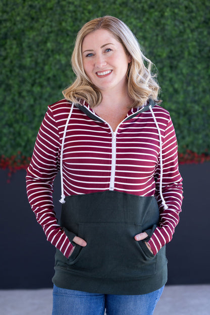 Michelle Mae Soft Classic HalfZip Hoodie - Evergreen and Burgundy Stripes