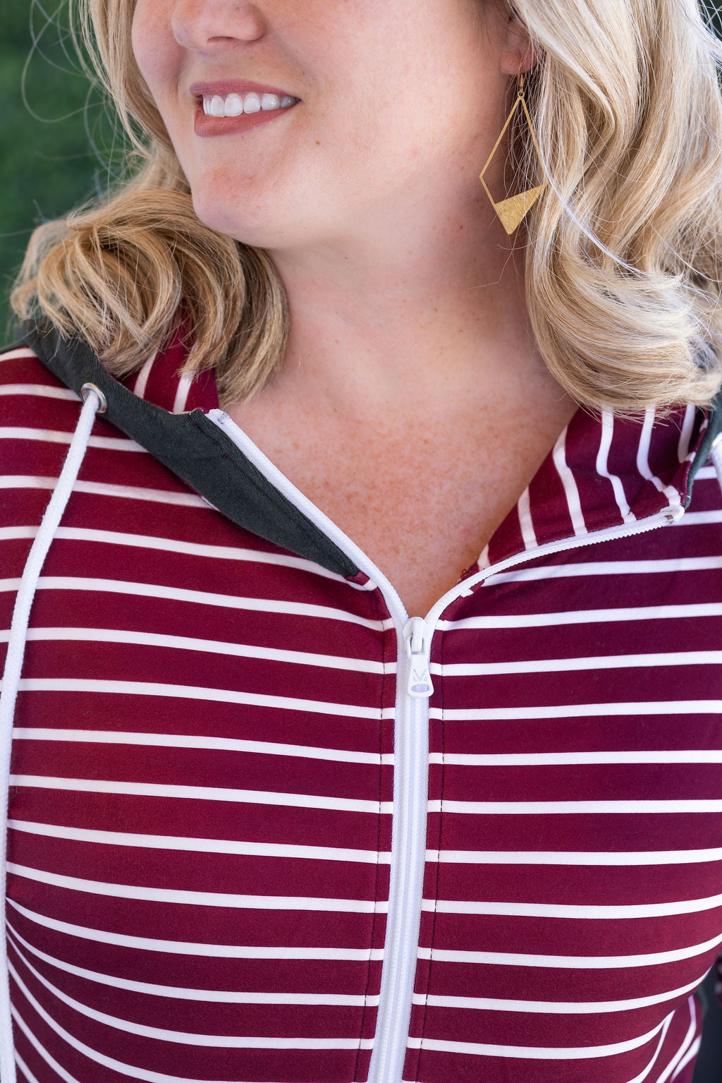 Michelle Mae Soft Classic HalfZip Hoodie - Evergreen and Burgundy Stripes