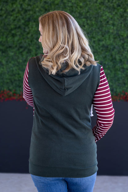 Michelle Mae Soft Classic HalfZip Hoodie - Evergreen and Burgundy Stripes