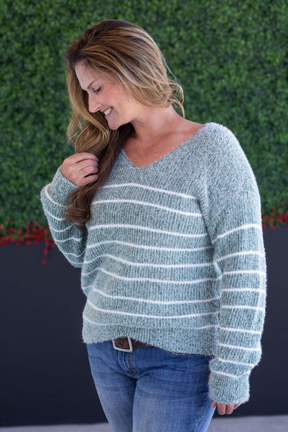 Michelle Mae Cozy Striped Sweater - Green