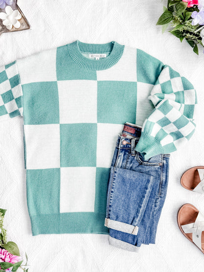 Michelle Mae Checkered Pullover Sweater - Dusty Jade