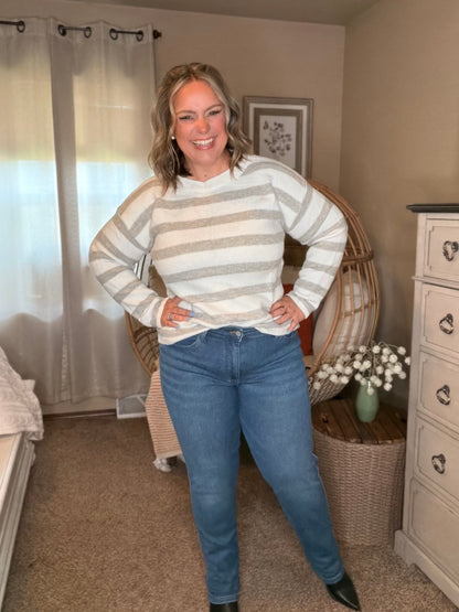Michelle Mae Cozy Stripe Sweater - Grey and White