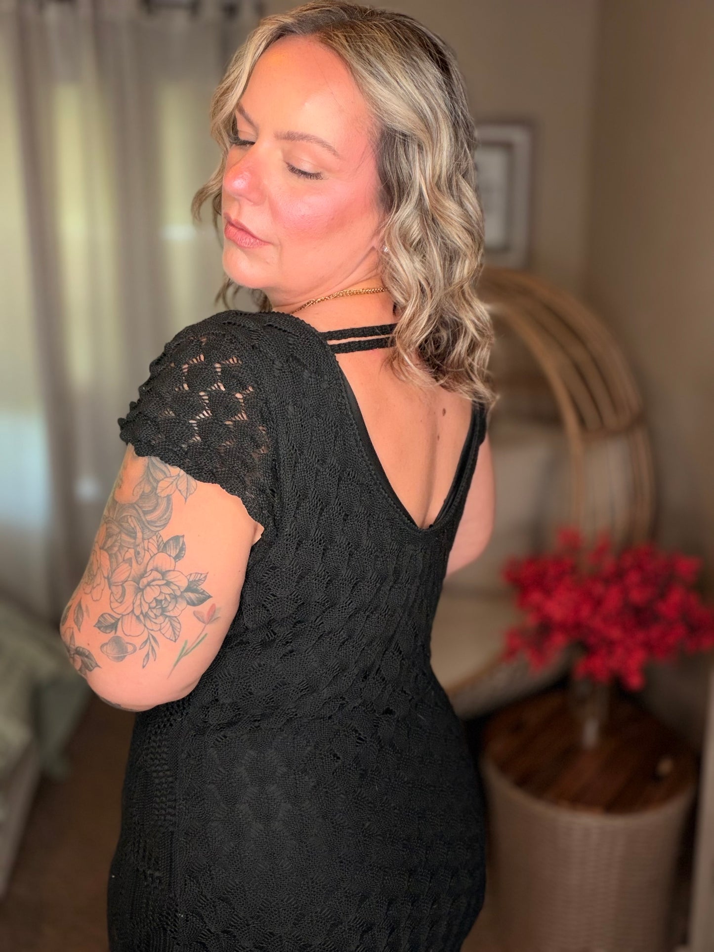 On the Town Lace Scoop Neck Dress in Black