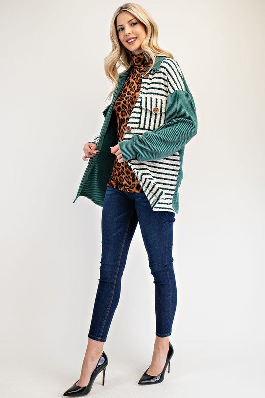 The Drop-Shoulder Stripes Shacket- Turquoise