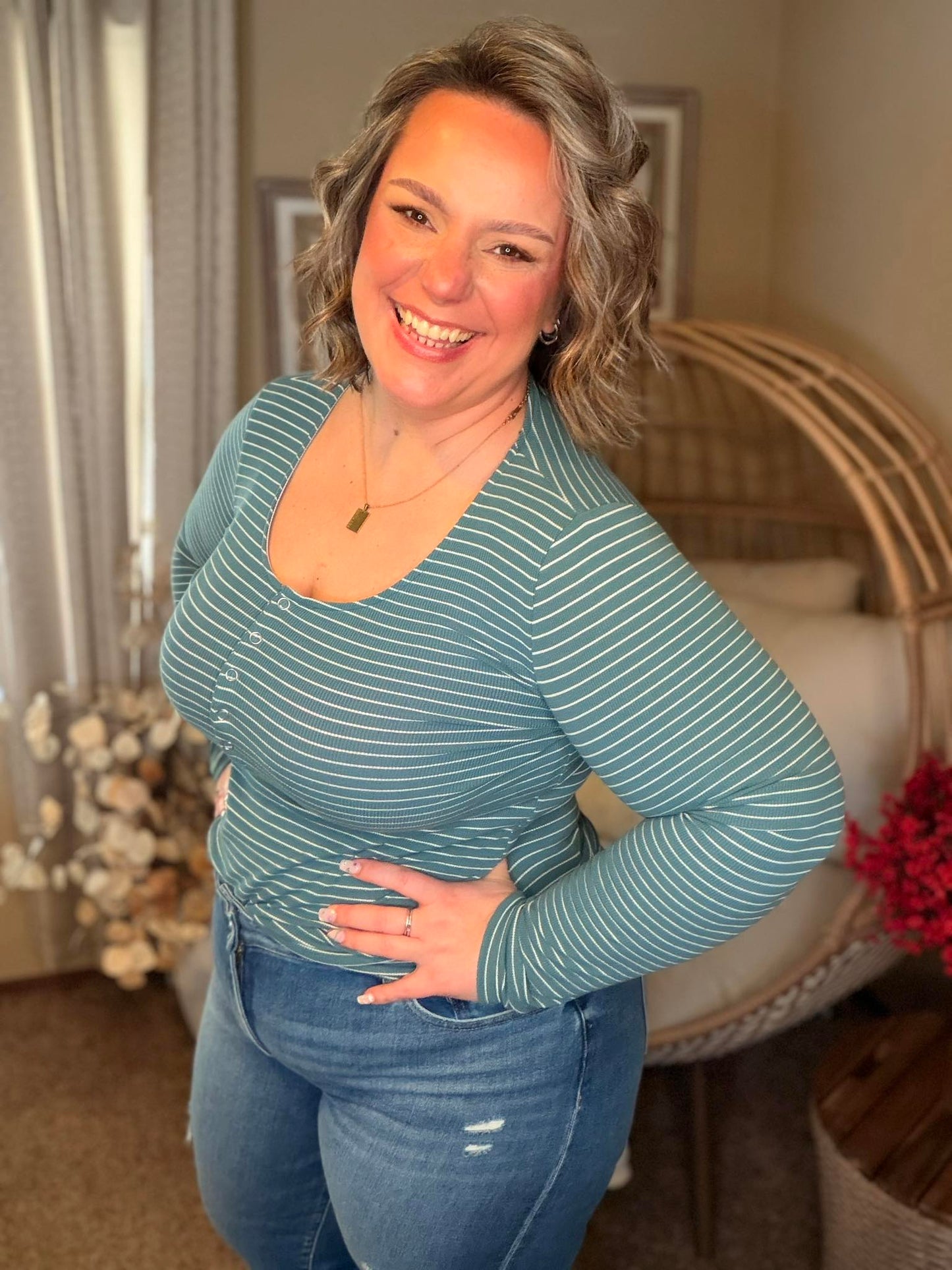 Michelle Mae Striped Henley Long Sleeve - Dusty Teal