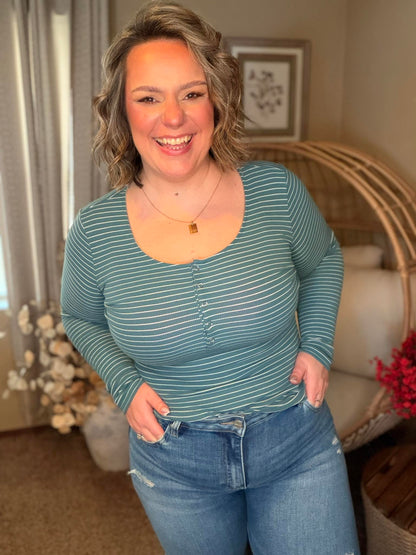 Michelle Mae Striped Henley Long Sleeve - Dusty Teal