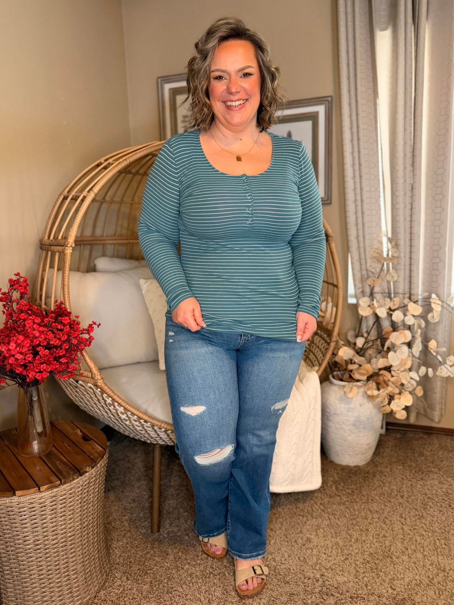 Michelle Mae Striped Henley Long Sleeve - Dusty Teal