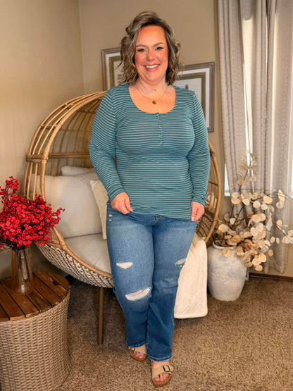 Michelle Mae Striped Henley Long Sleeve - Dusty Teal