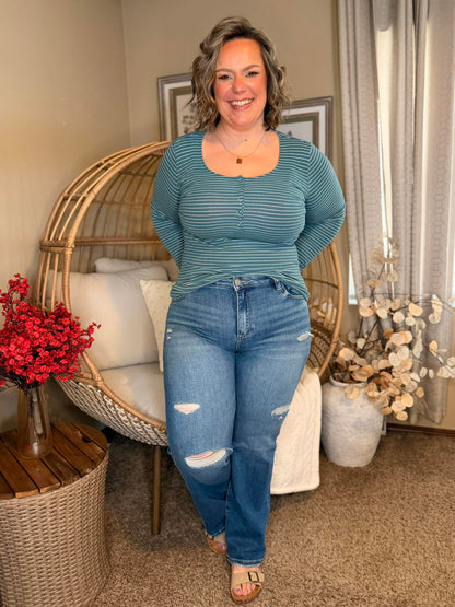 Michelle Mae Striped Henley Long Sleeve - Dusty Teal