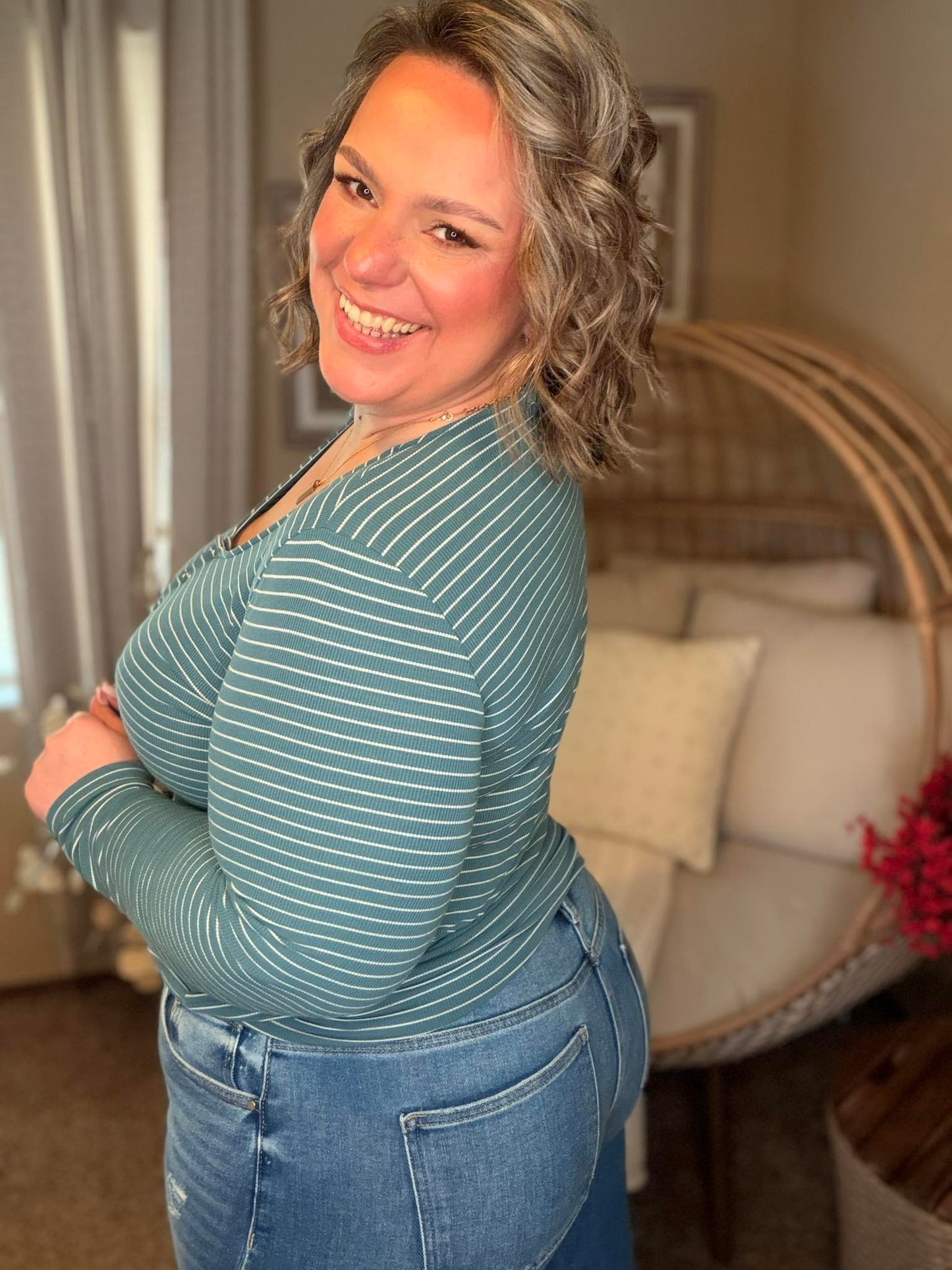 Michelle Mae Striped Henley Long Sleeve - Dusty Teal