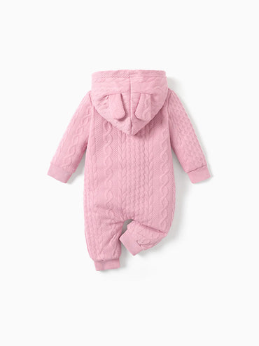 Solid Knitted Hooded Long-sleeve Pink Baby Jumpsuit