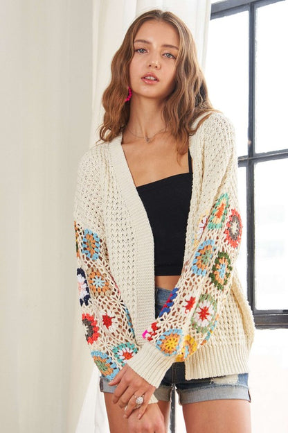 Boho-Chic Crochet Open Front Cardigan in Ivory