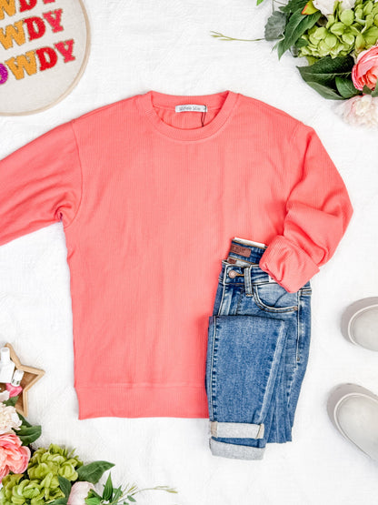 Michelle Mae Corrine Ribbed Pullover Top - Coral