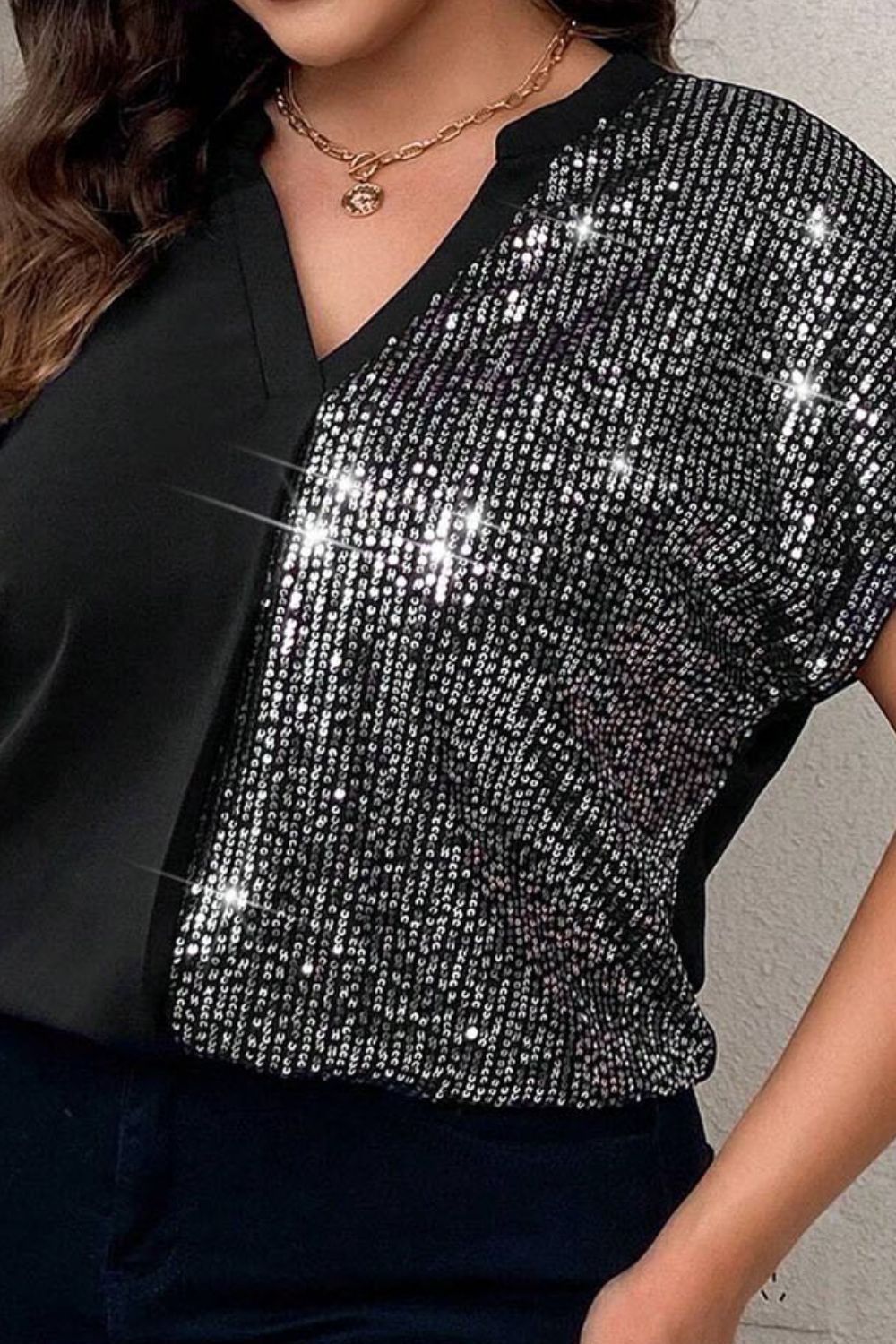 PREORDER: Plus Size Sequin Notched Short Sleeve T-Shirt