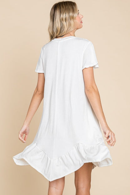 A Girl's Favorite Ruffled Asymmetric Hem Dress in Soft White