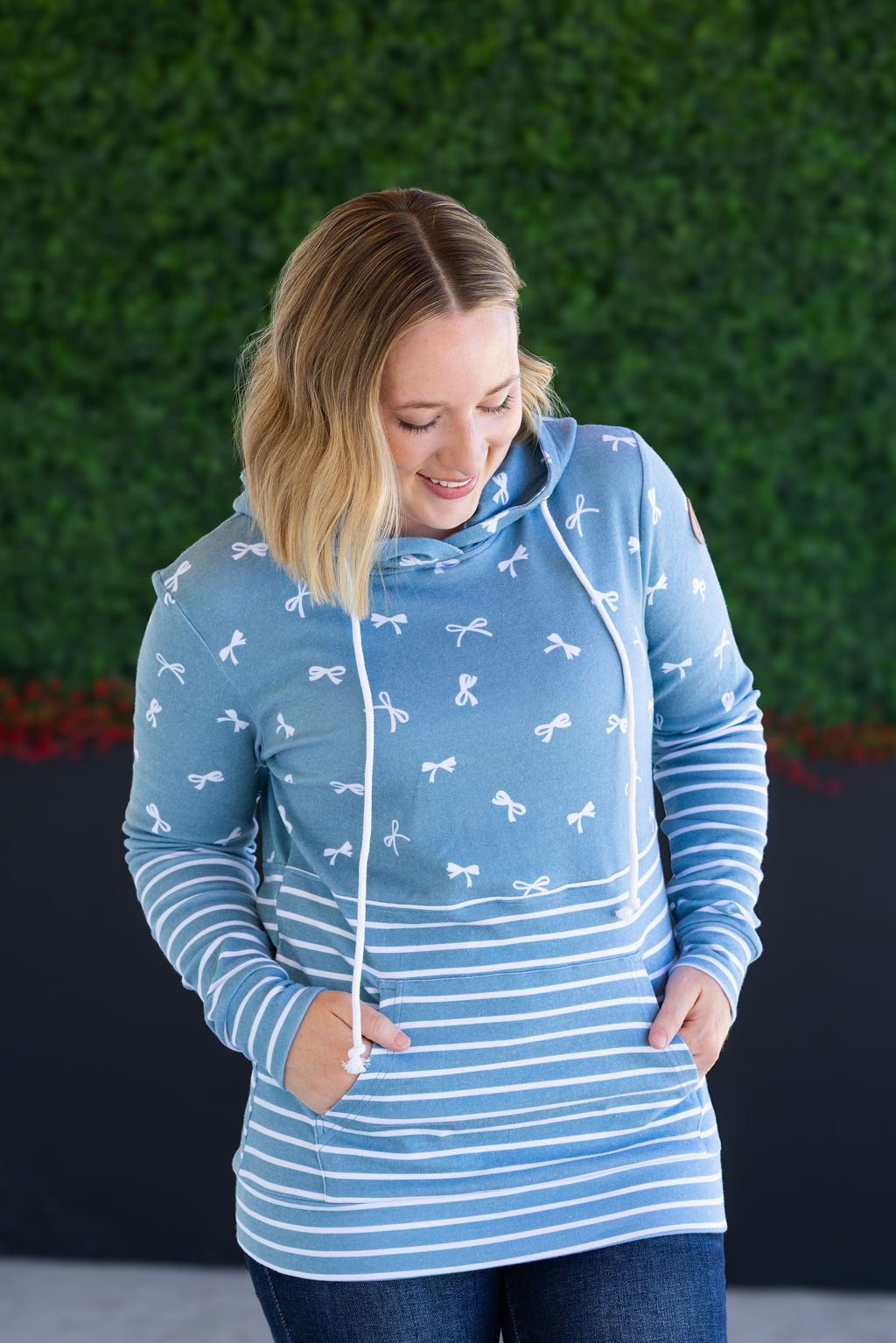 Michelle Mae Hailey Pullover Hoodie - Teal Ribbons and Stripes