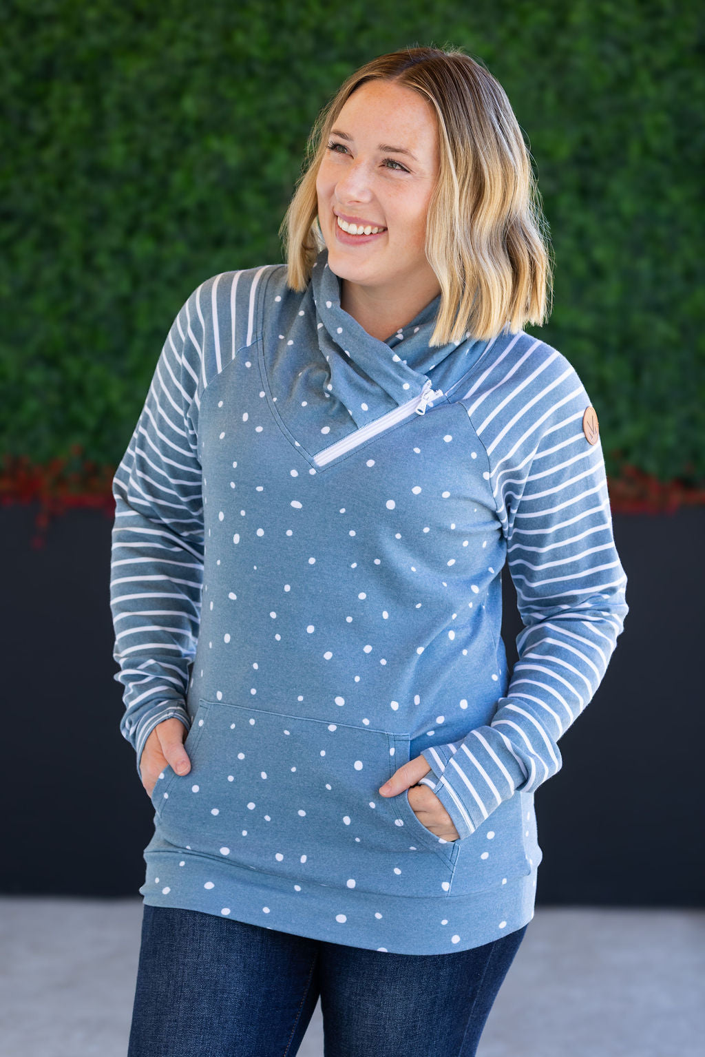 Michelle Mae Zoey ZipCowl Sweatshirt - Teal Dots and Stripes