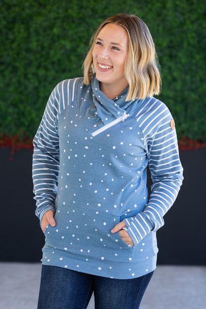 Michelle Mae Zoey ZipCowl Sweatshirt - Teal Dots and Stripes