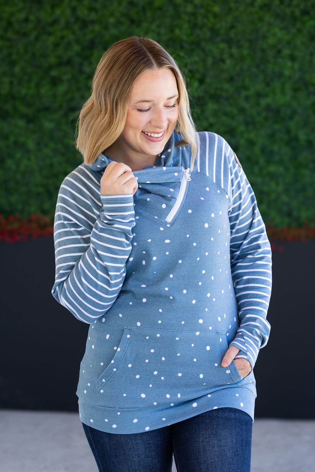 Michelle Mae Zoey ZipCowl Sweatshirt - Teal Dots and Stripes