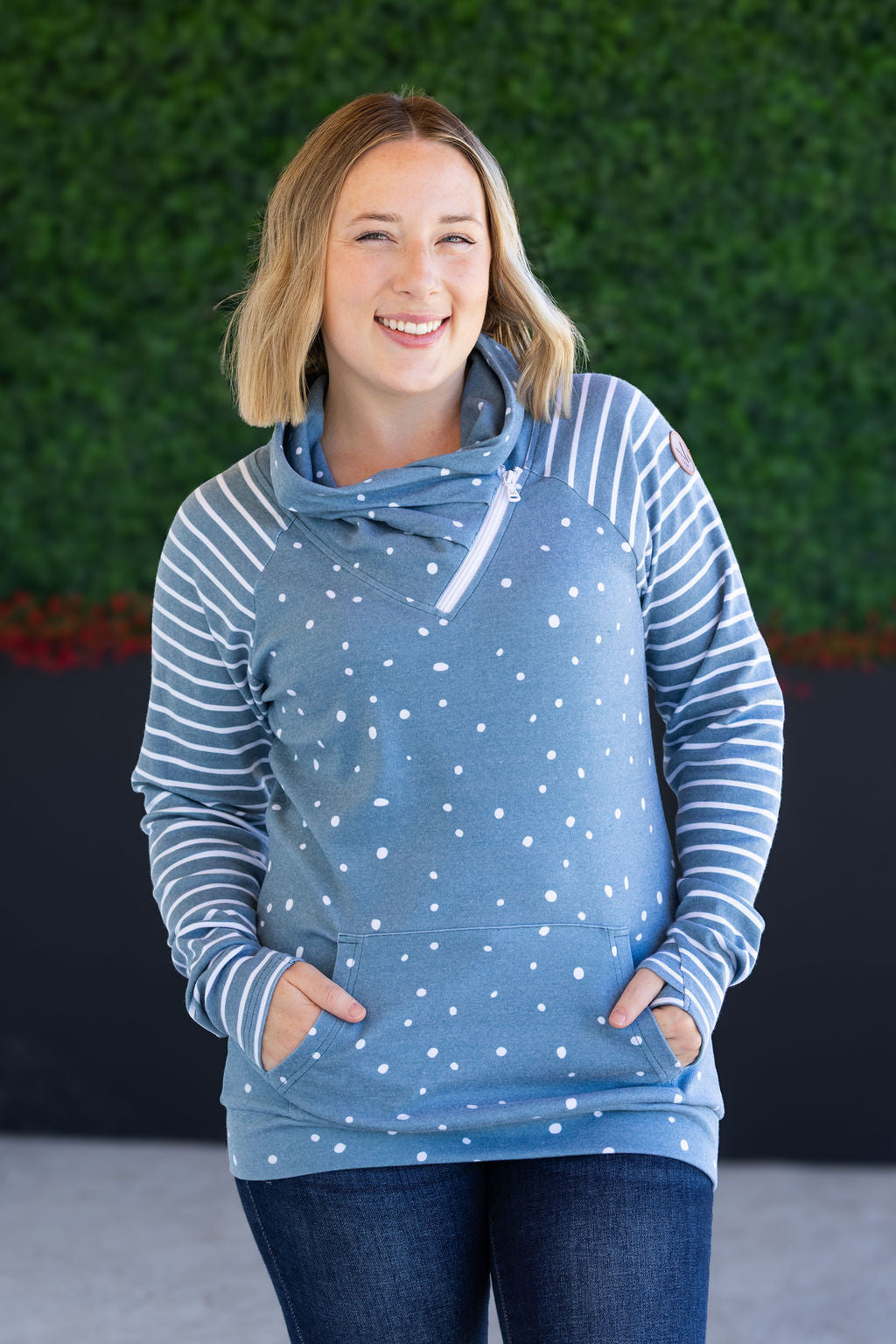Michelle Mae Zoey ZipCowl Sweatshirt - Teal Dots and Stripes