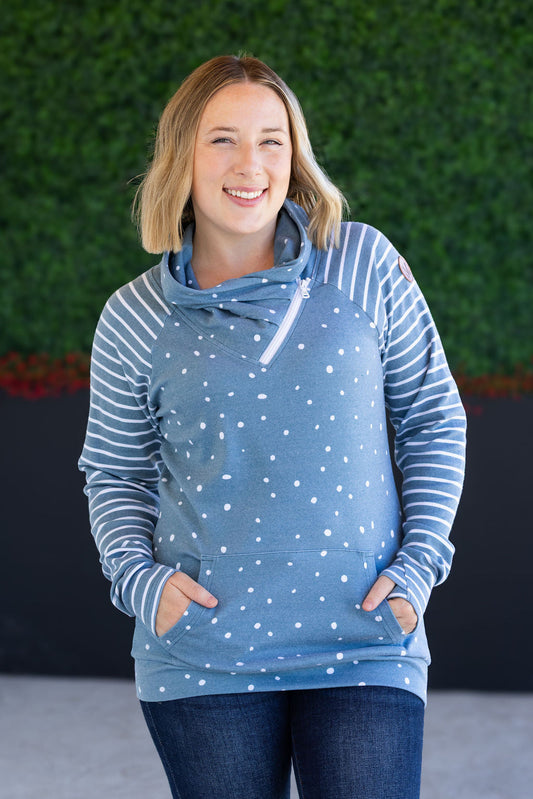 Michelle Mae Zoey ZipCowl Sweatshirt - Teal Dots and Stripes