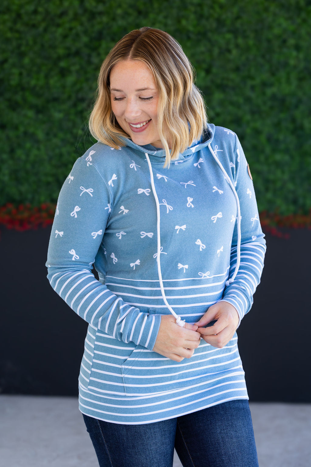 Michelle Mae Hailey Pullover Hoodie - Teal Ribbons and Stripes