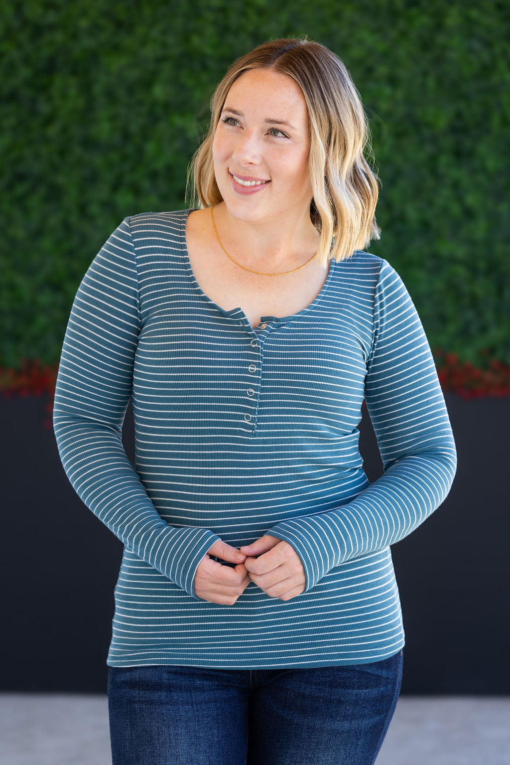 Michelle Mae Striped Henley Long Sleeve - Dusty Teal