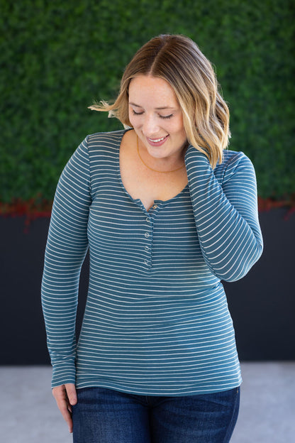 Michelle Mae Striped Henley Long Sleeve - Dusty Teal