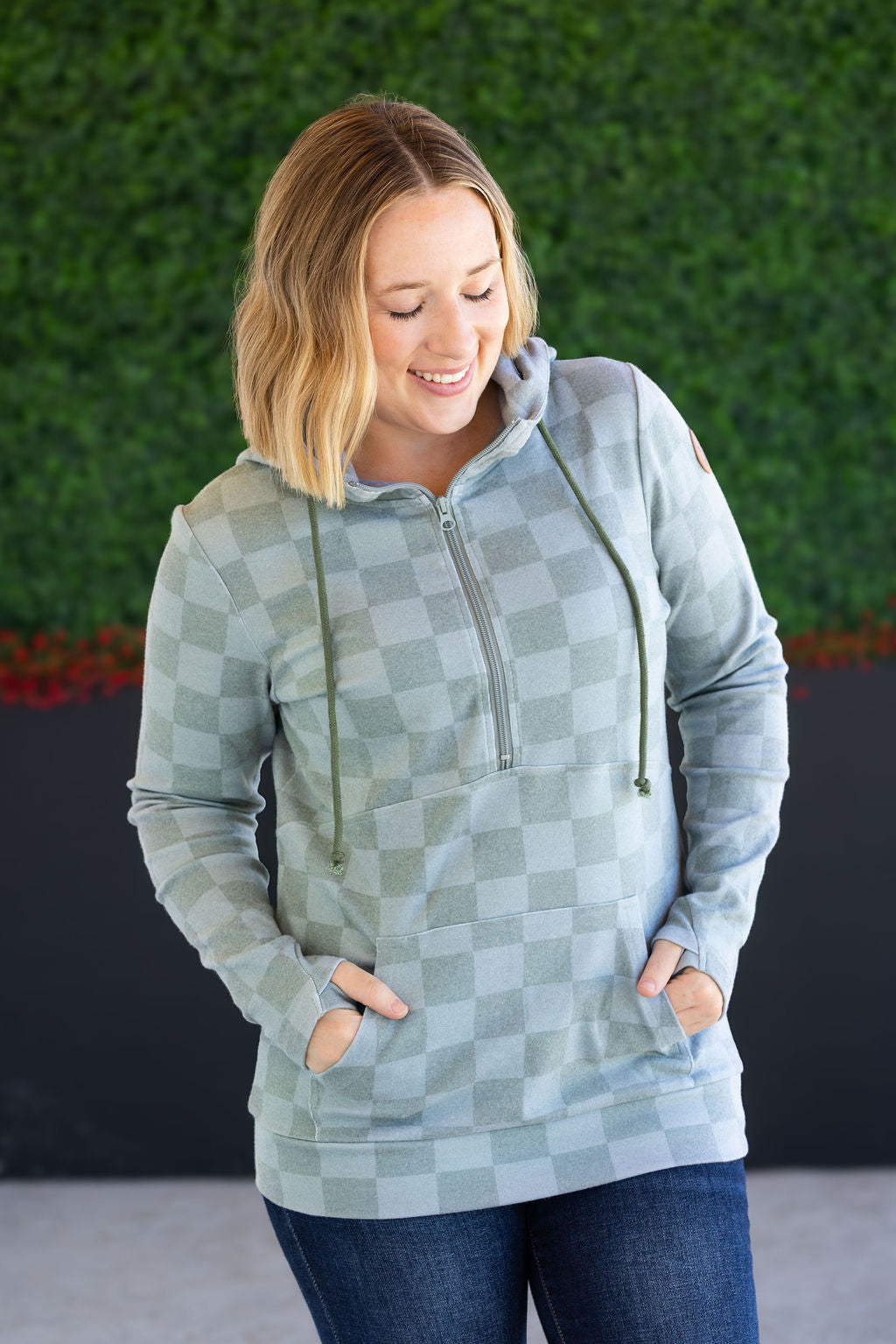 Michelle Mae HalfZip Hoodie - Olive Checkers