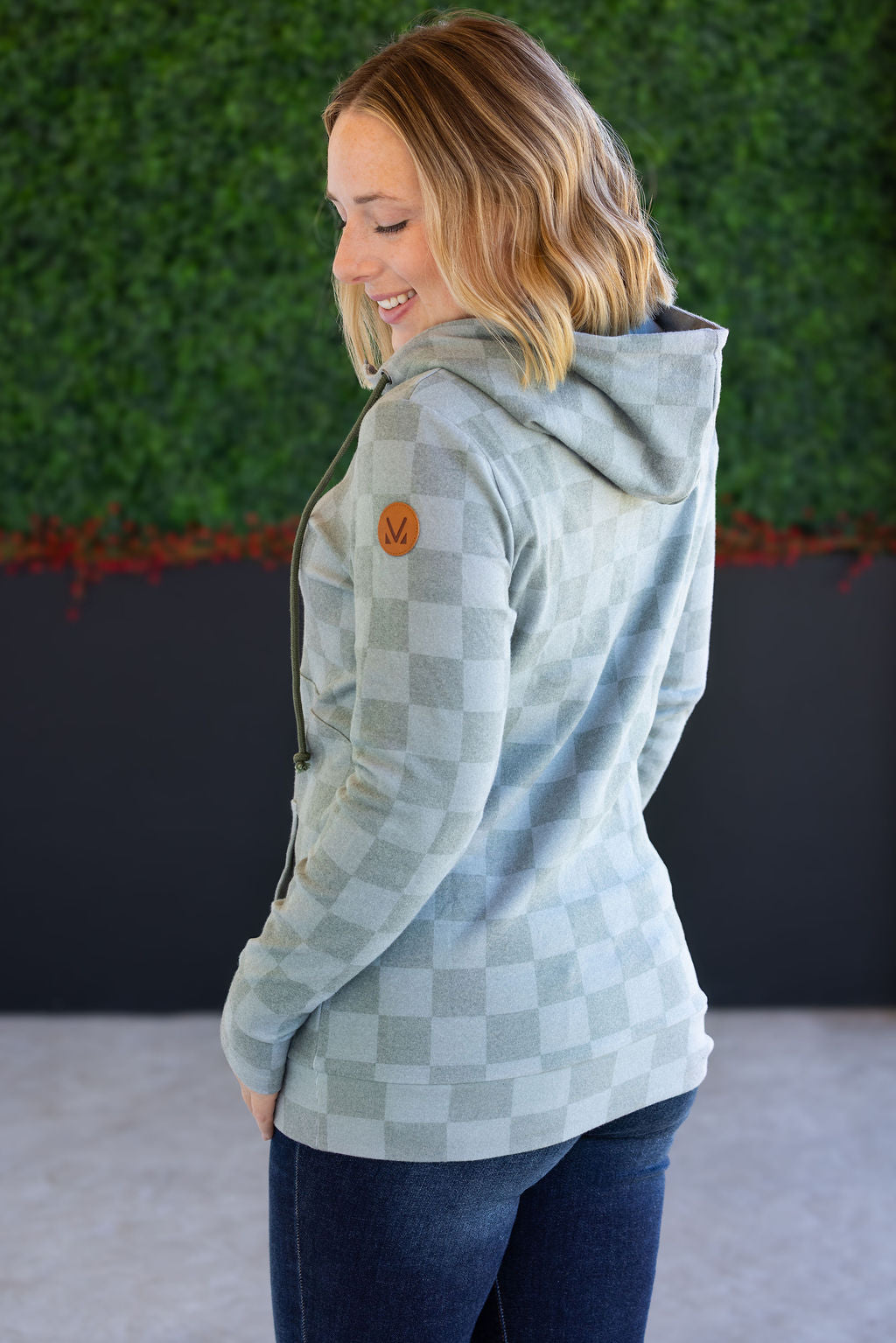 Michelle Mae HalfZip Hoodie - Olive Checkers