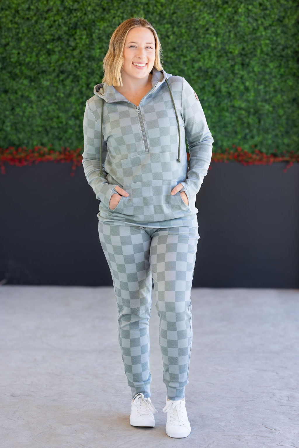 Michelle Mae HalfZip Hoodie - Olive Checkers