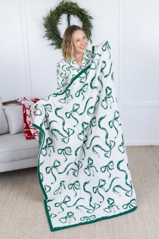 Michelle Mae Plush and Fuzzy Blanket - White and Green Ribbons