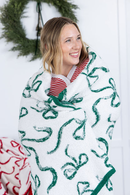 Michelle Mae Plush and Fuzzy Blanket - White and Green Ribbons