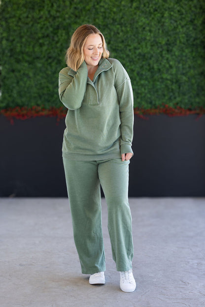 Michelle Mae Wide Leg Vintage Wash Bottoms - Olive