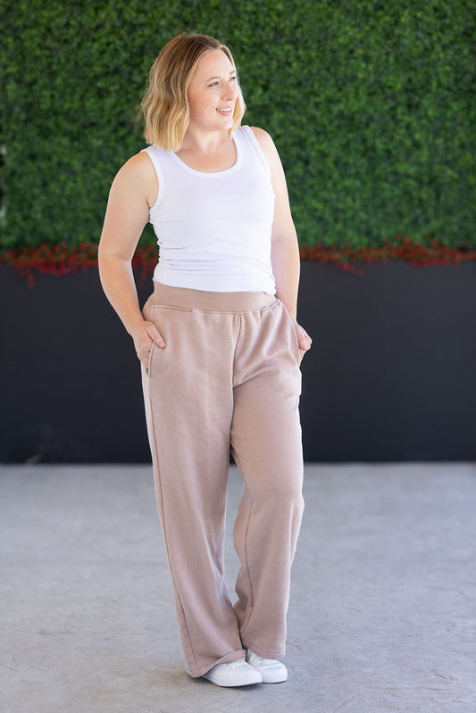 Michelle Mae Wide Leg Vintage Wash Bottoms - Tan