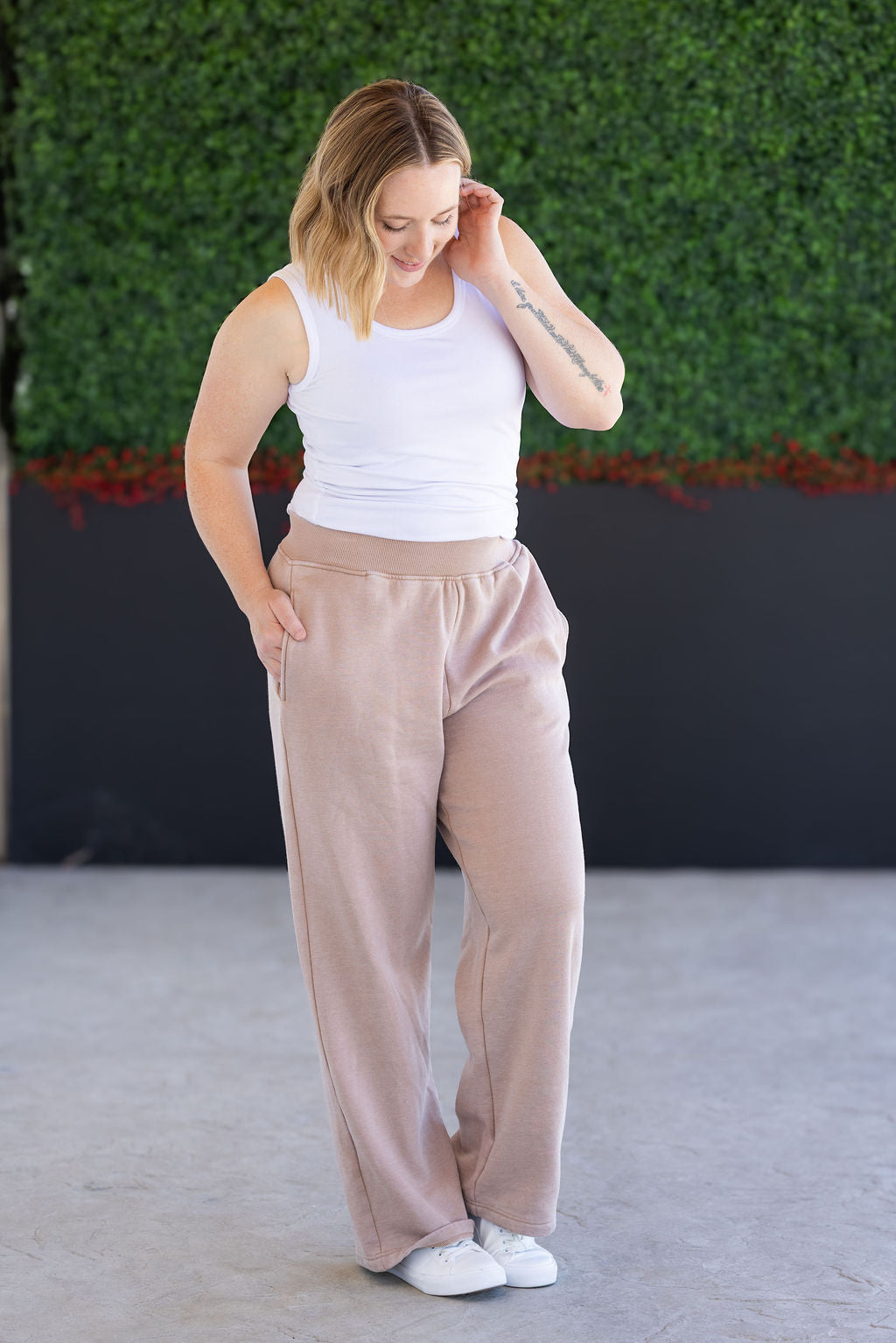 Michelle Mae Wide Leg Vintage Wash Bottoms - Tan