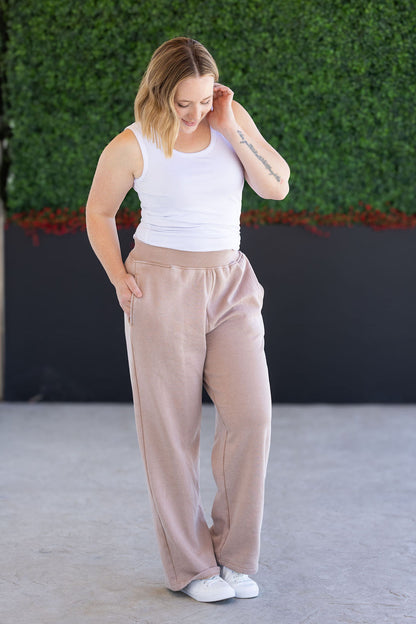 Michelle Mae Wide Leg Vintage Wash Bottoms - Tan