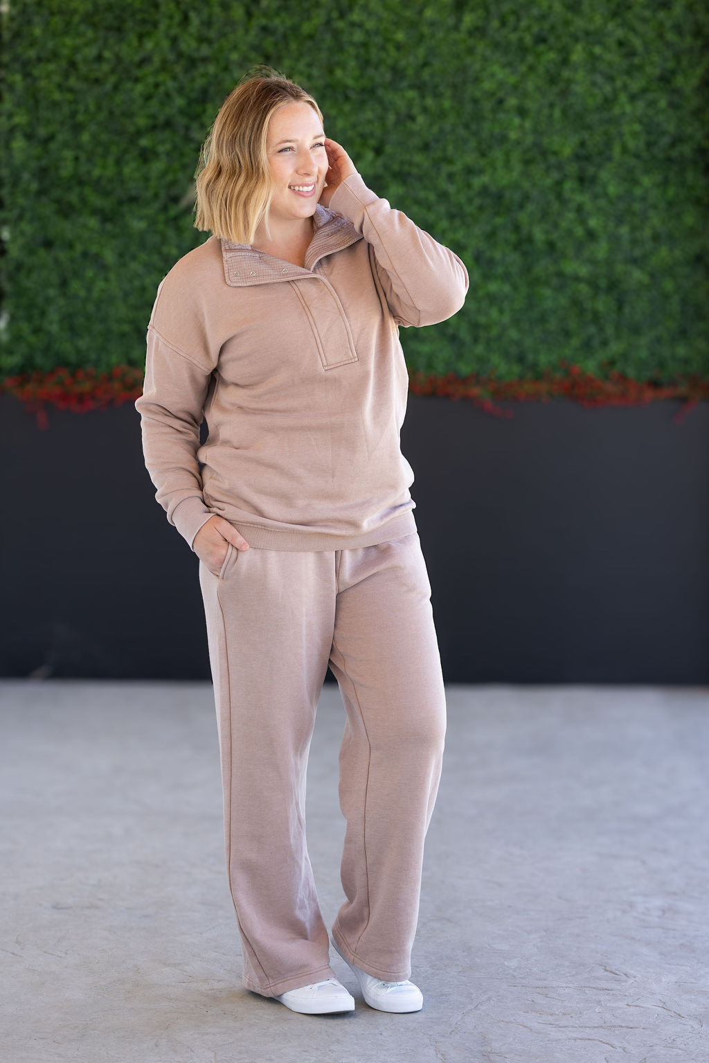 Michelle Mae Wide Leg Vintage Wash Bottoms - Tan