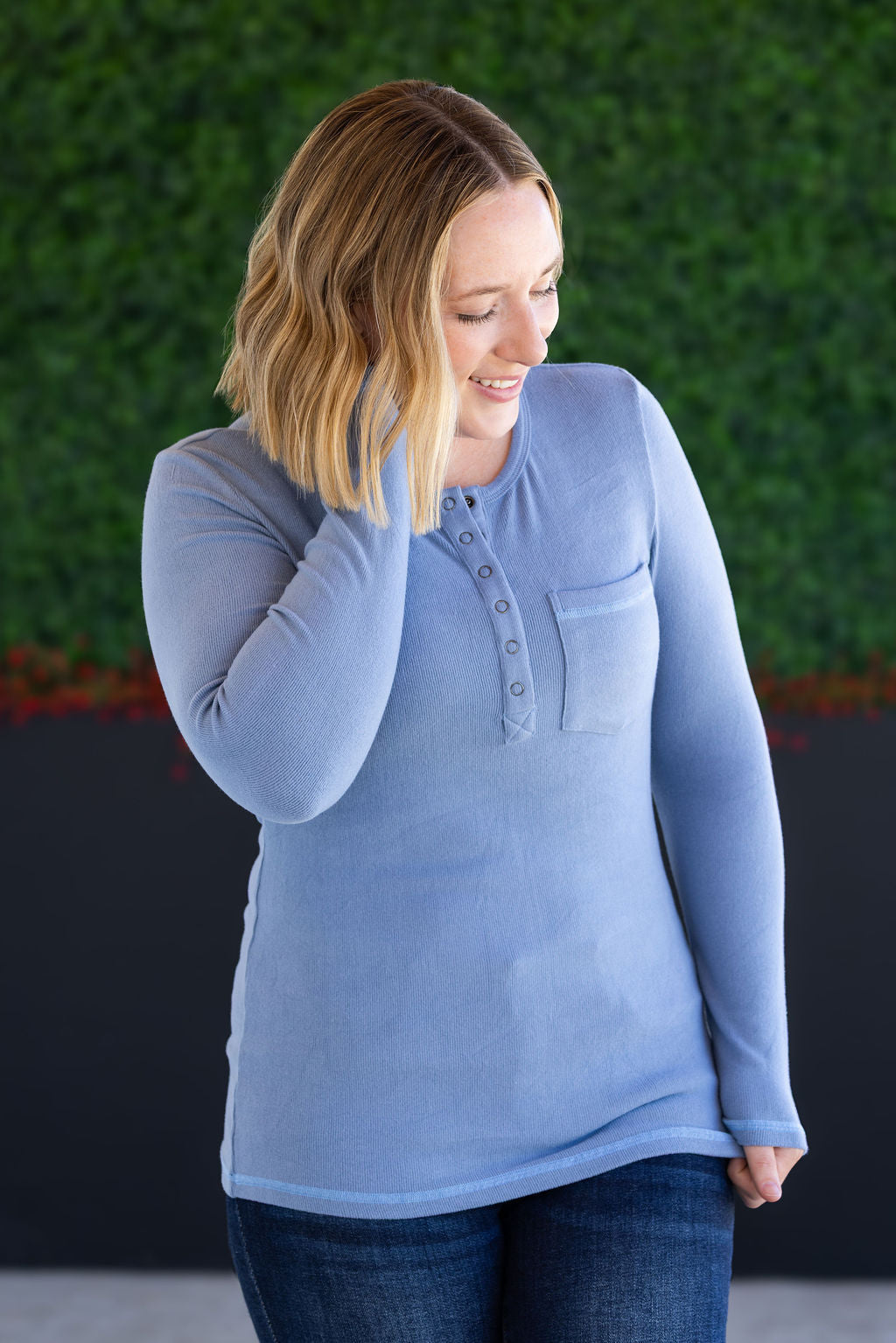 Michelle Mae Georgia Long Sleeve Top - Dusty Blue