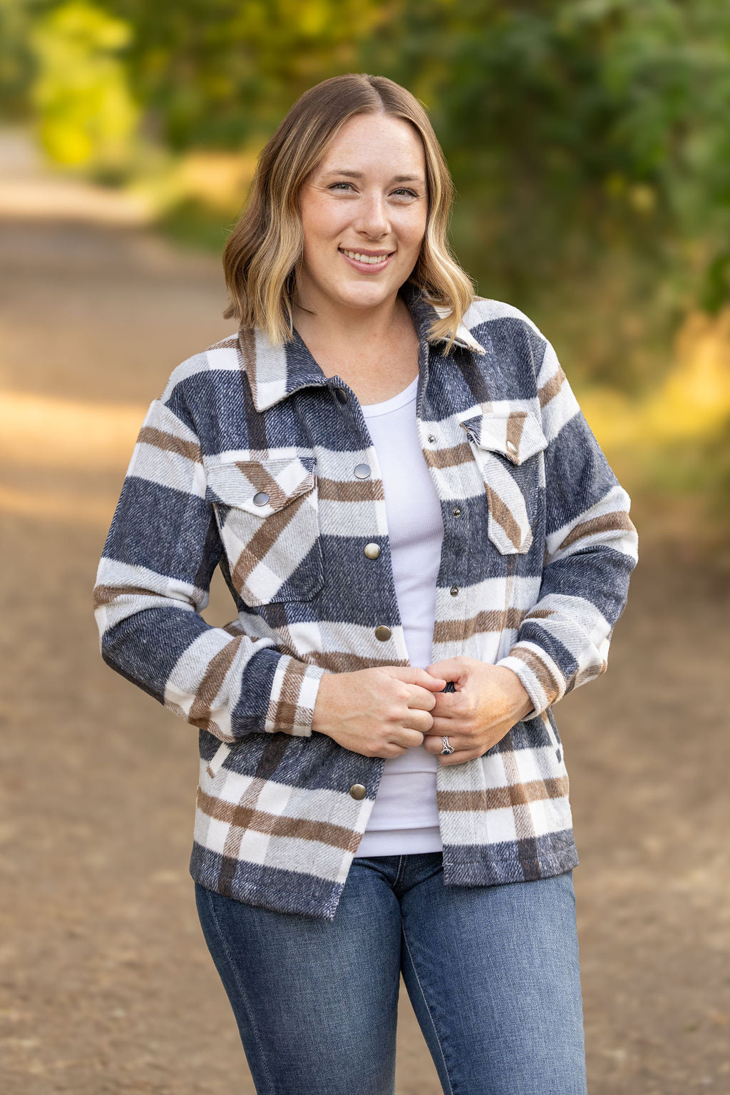 Michelle Mae Norah Plaid Shacket - Navy and Tan