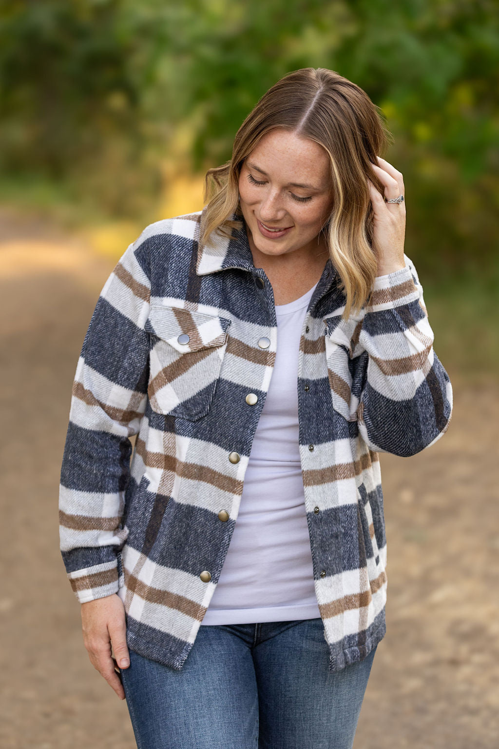 Michelle Mae Norah Plaid Shacket - Navy and Tan