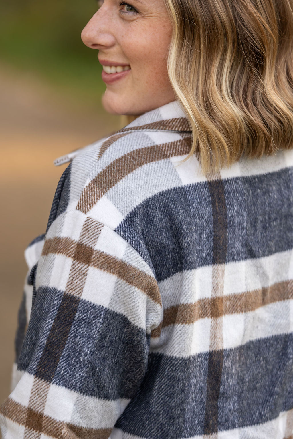 Michelle Mae Norah Plaid Shacket - Navy and Tan