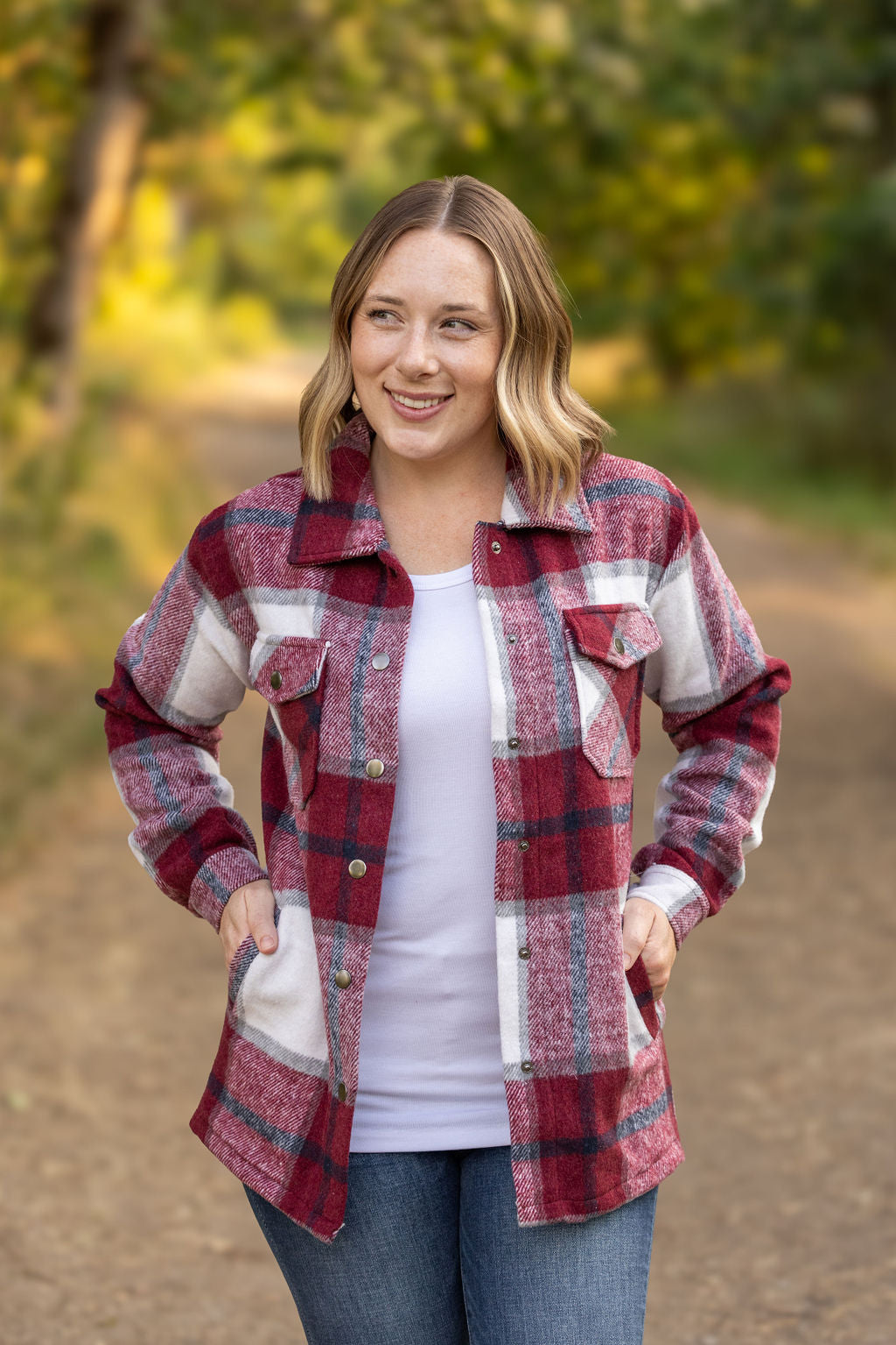 Michelle Mae Norah Plaid Shacket - Merlot and Grey Mix