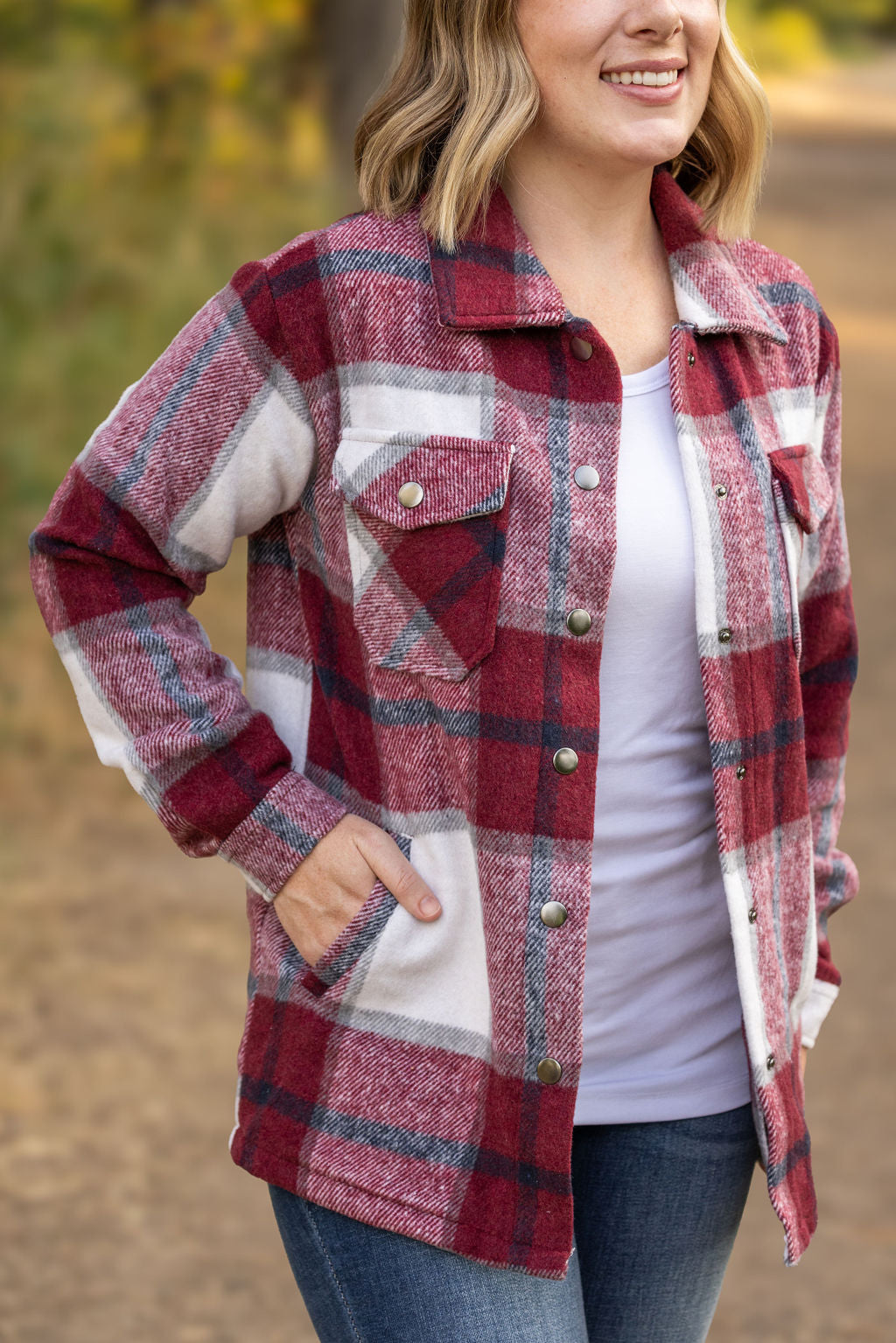 Michelle Mae Norah Plaid Shacket - Merlot and Grey Mix