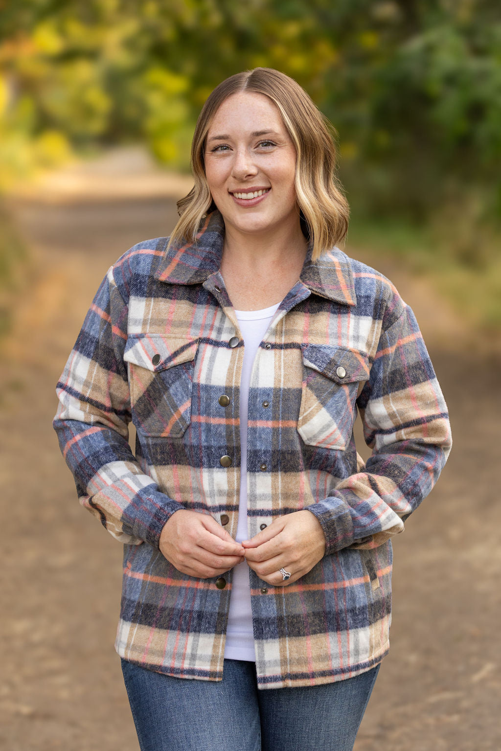 IN STOCK EN ROUTE Norah Plaid Shacket - Tan and Blue