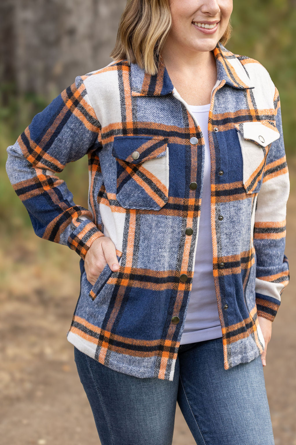 IN STOCK Norah Plaid Shacket - Navy and Orange