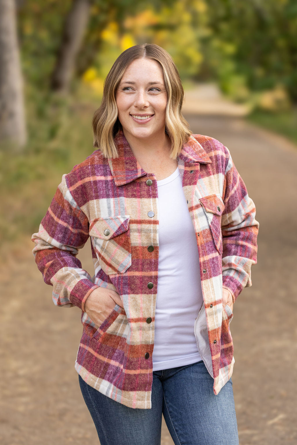 Michelle Mae Norah Plaid Shacket - Sunset Plaid