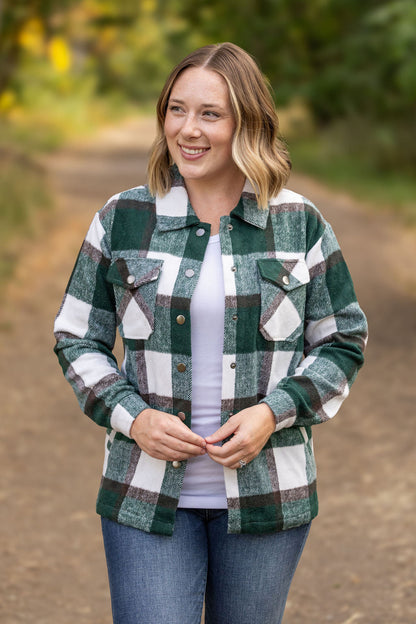 Michelle Mae Norah Plaid Shacket - Evergreen and White