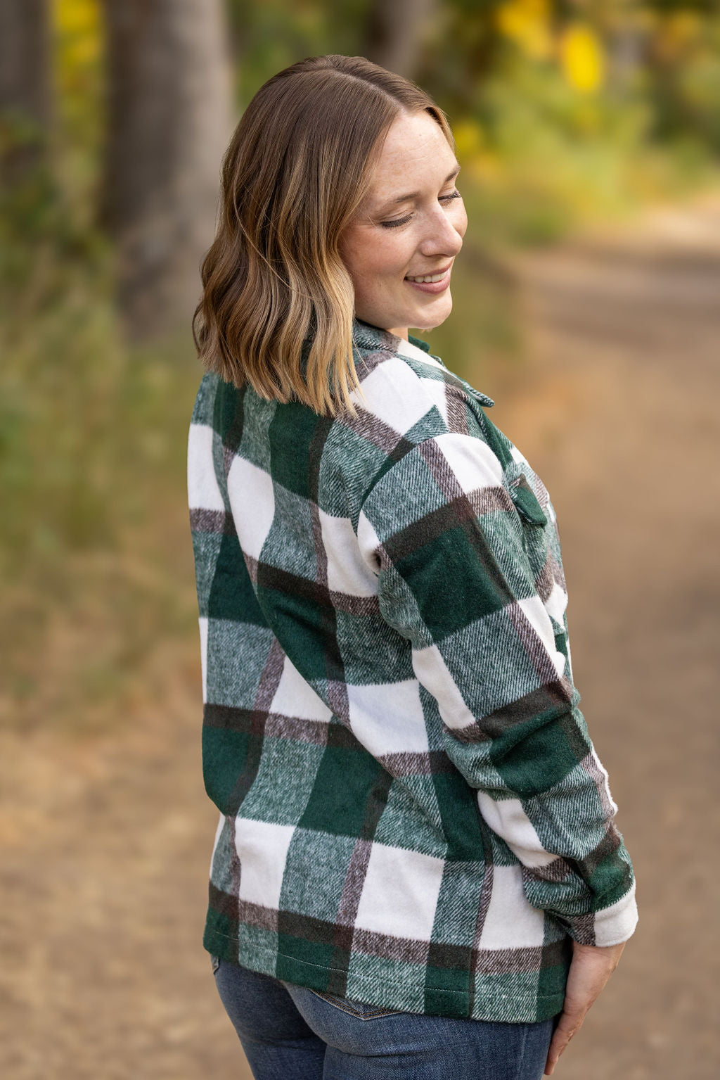 Michelle Mae Norah Plaid Shacket - Evergreen and White