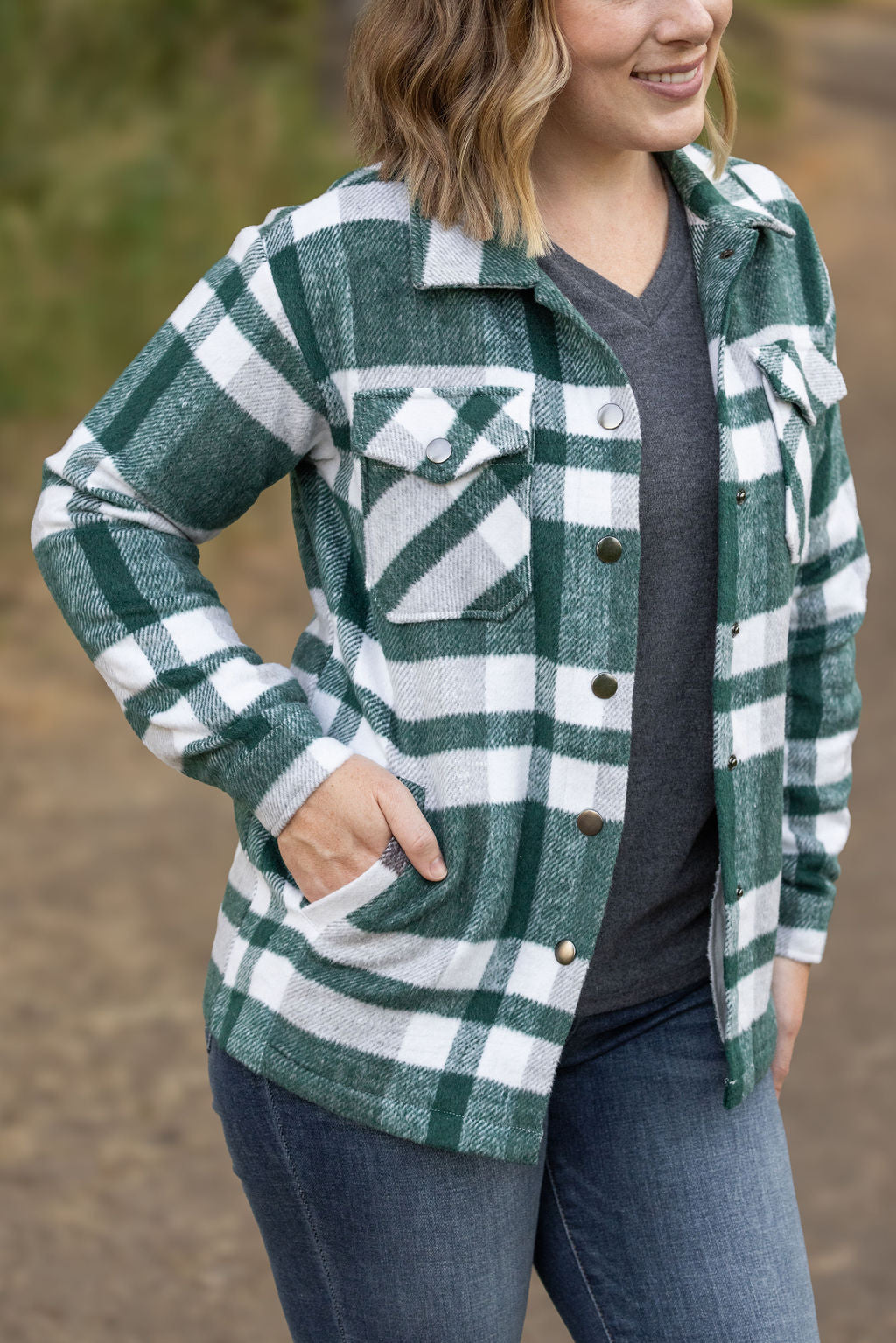 Michelle Mae Norah Plaid Shacket - Classic Green and Grey Mix